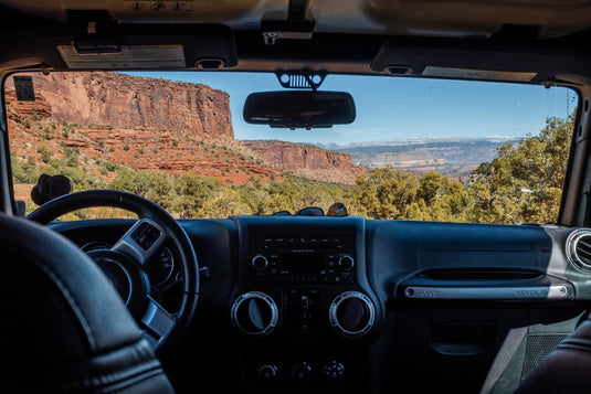 View of canyon through jeep windshield. Photographer Brian Erickson