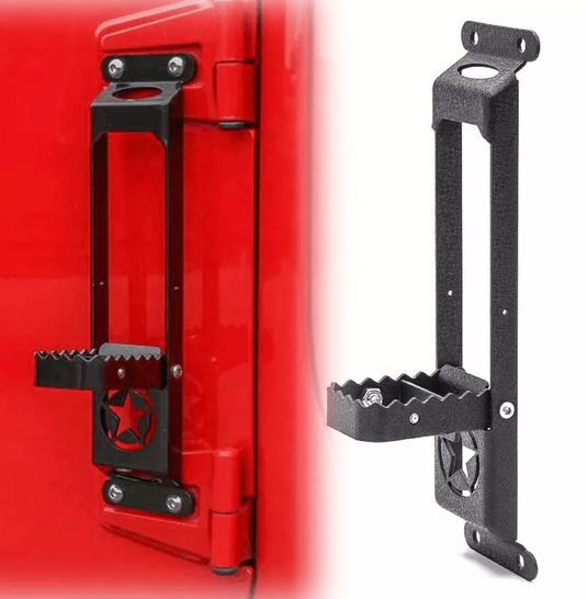 Hinge step installed on red jeep, detail of step