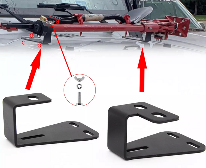 Load image into Gallery viewer, Jeep with brackets installed with Jack and shovel attached. Detail of hardware
