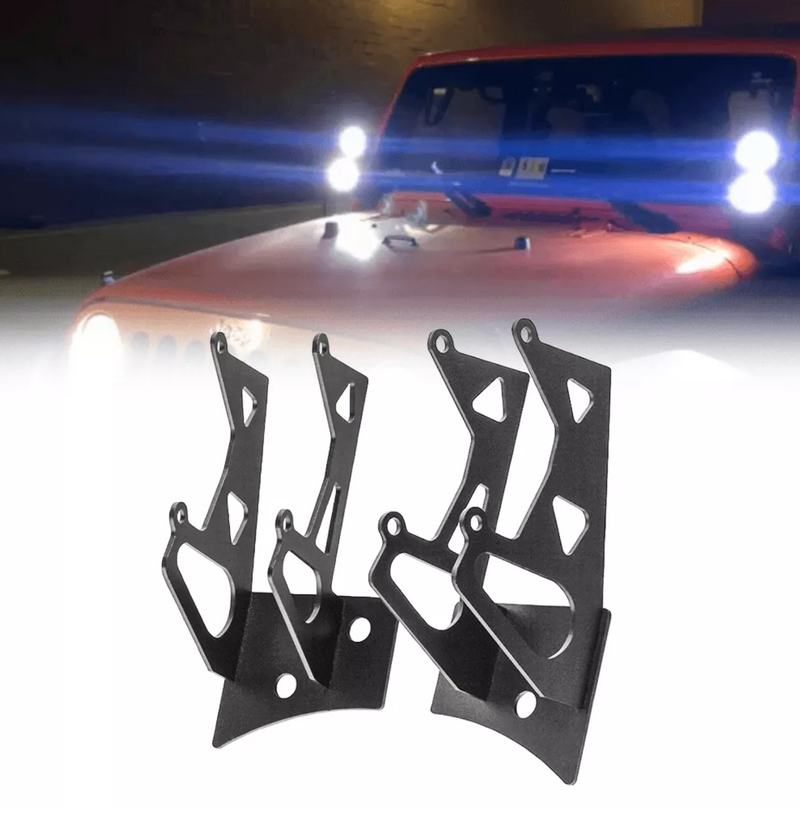 Load image into Gallery viewer, Detail of mounting brackets with jeep in background with lights and brackets installed
