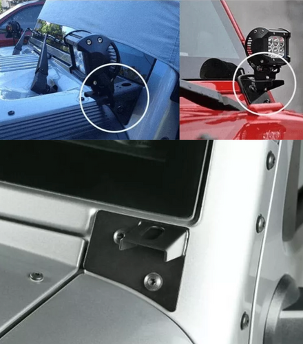 Detail of bracket, including image of bracket installed on blue jeep, red jeep and silver jeep.
