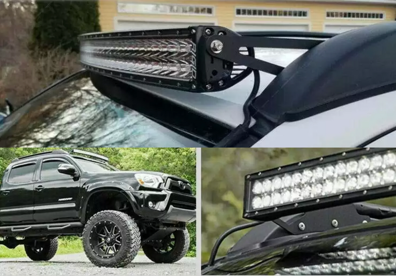 Load image into Gallery viewer, three images of curved light bar mounted to roof of black truck
