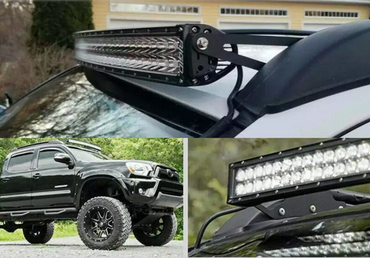 three images of curved light bar mounted to roof of black truck