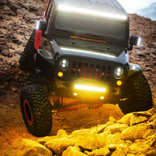 Light bar on and installed on jeep, jeep depending rocky hill
