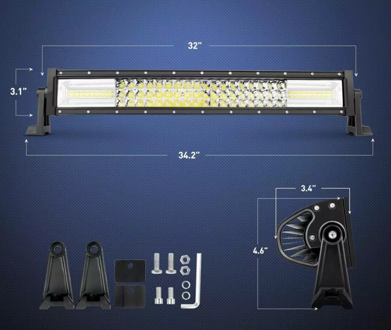 Load image into Gallery viewer, Detail of light bar and mounting hardware. Dimensions 32&quot; long, 34.2&quot; long with hardware, 3.1&quot; height, 3.4&quot; depth, 4.6&quot; height with hardware
