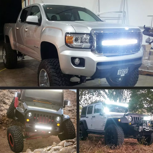 three pictures showing the light bar installed and operating on truck, jeep and jeep