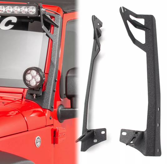 Image of jeep showing brackets installed with lights. Also including images of bracket details