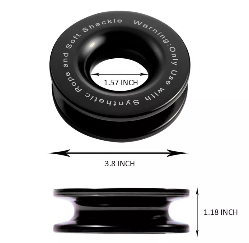 Load image into Gallery viewer, detail of black snatch ring bearing &quot;warning: only use with synthetic rope and soft shackle&quot; and dimensions 1.57&quot; center hole, 3.8&quot; width, 1.18&quot; height 
