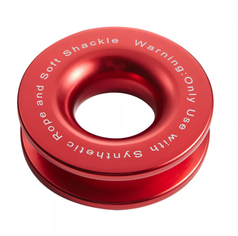 Load image into Gallery viewer, Detail of red snatch ring bearing &quot;warning: only use with synthetic rope and soft shackle&quot;
