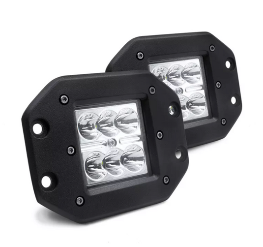 Two flush mount units with black surround and clear lens with six LED units