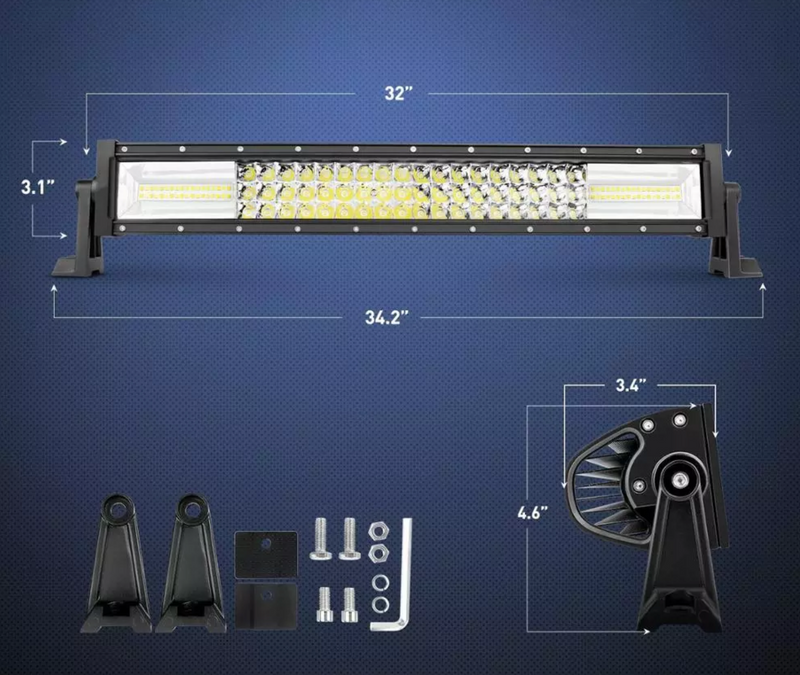 Load image into Gallery viewer, Detail of light bar and mounting hardware. Dimensions 32&quot; long, 34.2&quot; long with hardware, 3.1&quot; height, 3.4&quot; depth, 4.6&quot; height with hardware  Edit alt text
